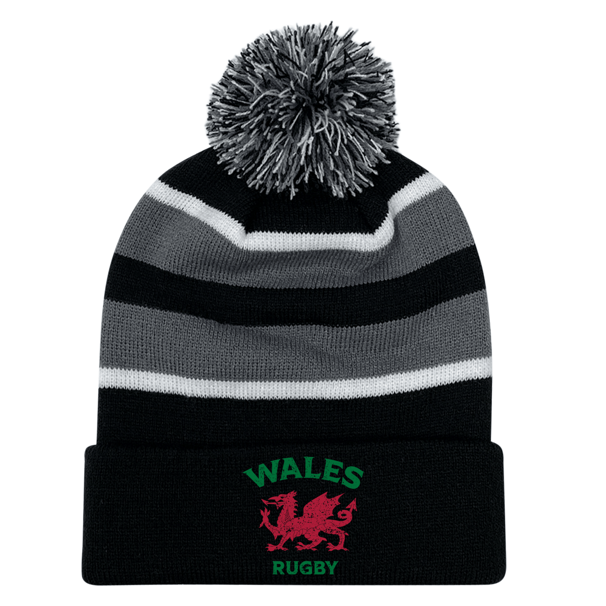 EMB Augusta's Nations of Rugby Wales Hooped Knit Fold Over Pom-Pom Beanie featuring an embroidered design.