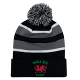 EMB Augusta's Nations of Rugby Wales Hooped Knit Fold Over Pom-Pom Beanie featuring an embroidered design.