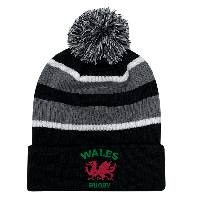 EMB Augusta's Nations of Rugby Wales Hooped Knit Fold Over Pom-Pom Beanie featuring an embroidered design.