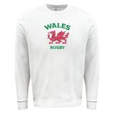A white Nations of Rugby Wales Rugby Fleece Crewneck Sweatshirt, perfect for rugby enthusiasts, by WRS Augusta.