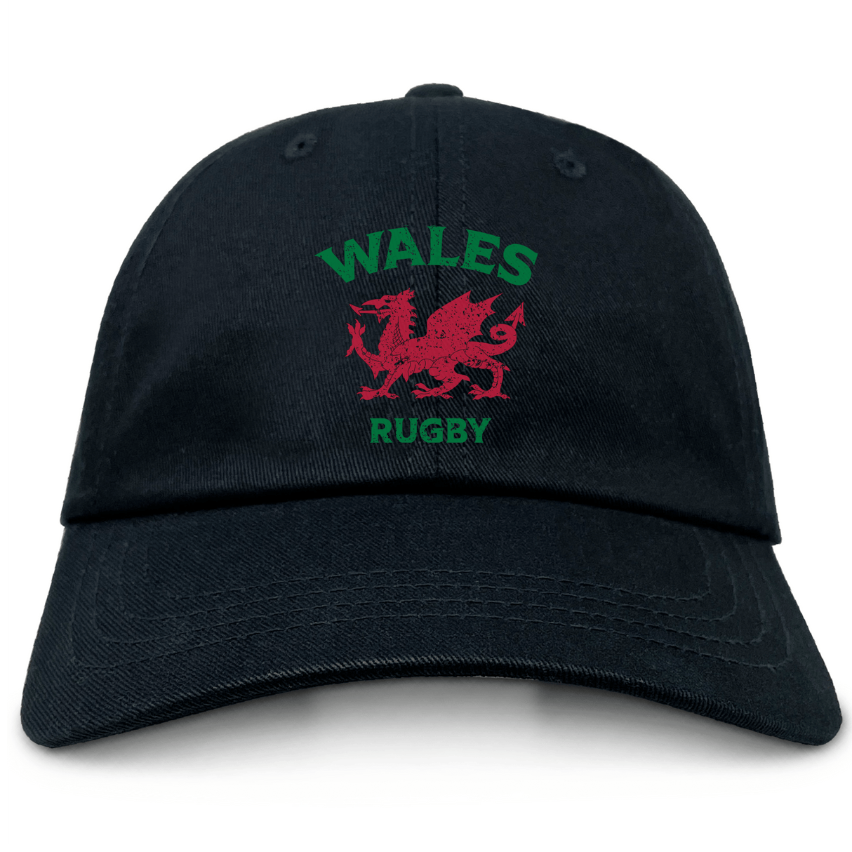 The EMB S&S Activewear Nations of Rugby Wales Dad Cap is a black cap with "WALES RUGBY" and a bold red Welsh dragon emblem on the front—perfect for rugby fans.