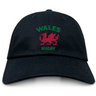 The EMB S&S Activewear Nations of Rugby Wales Dad Cap is a black cap with "WALES RUGBY" and a bold red Welsh dragon emblem on the front—perfect for rugby fans.