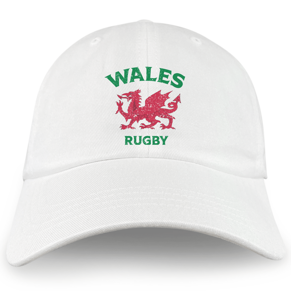 An EMB Alpha Broder white cotton twill Nations of Rugby Wales Dad Cap with an embroidered design of the Welsh rugby spirit.