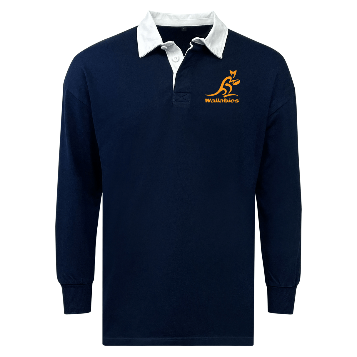 Navy blue Wallabies Solid Classic Jersey with a white collar and a Wallabies logo on the chest, featuring a relaxed fit by EMB Mudoo.