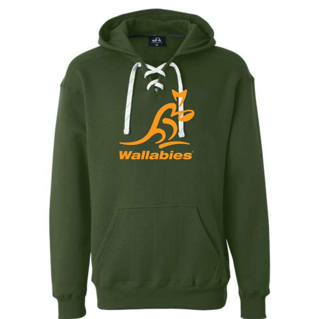 A green Wallabies Hockey Hoodie with a logo of the Wallabies rugby team, manufactured by WRS Alpha Broder.