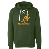 A green Wallabies Hockey Hoodie with a logo of the Wallabies rugby team, manufactured by WRS Alpha Broder.