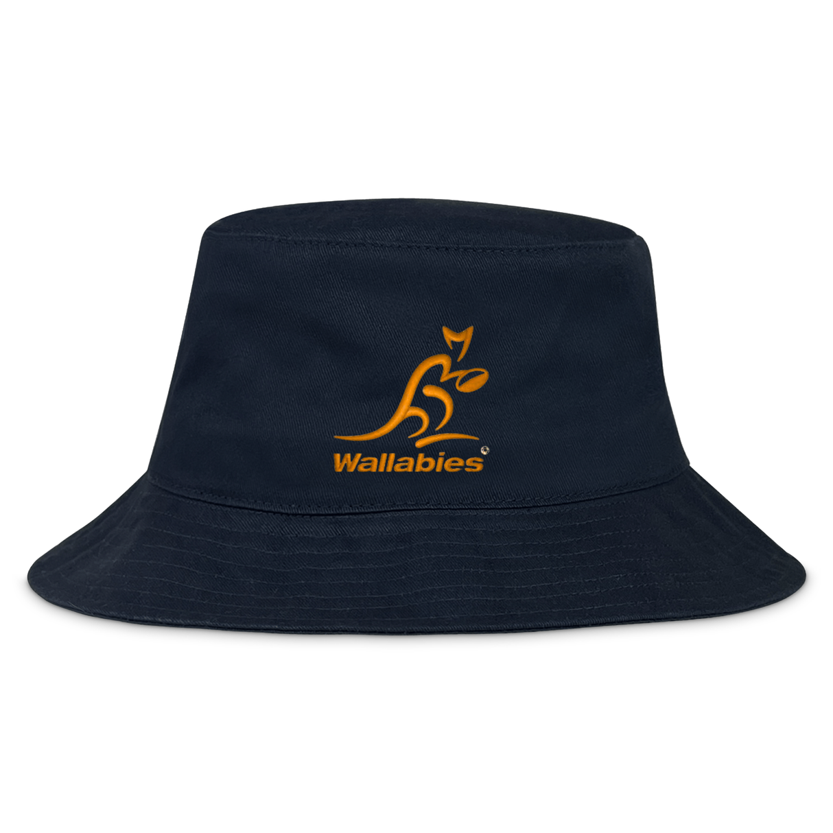 The Wallabies Rugby Crusher Bucket Hat by EMB S&S Activewear is a navy blue cotton twill hat with an orange kangaroo logo and "Wallabies" embroidered on the front—ideal for any Wallabies Rugby fan.