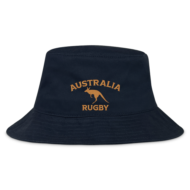 The Nations of Rugby Australia Rugby Crusher Bucket Hat by EMB S&S Activewear features "Australia Rugby" and a gold-embroidered kangaroo on navy cotton twill—ideal for any rugby supporter.