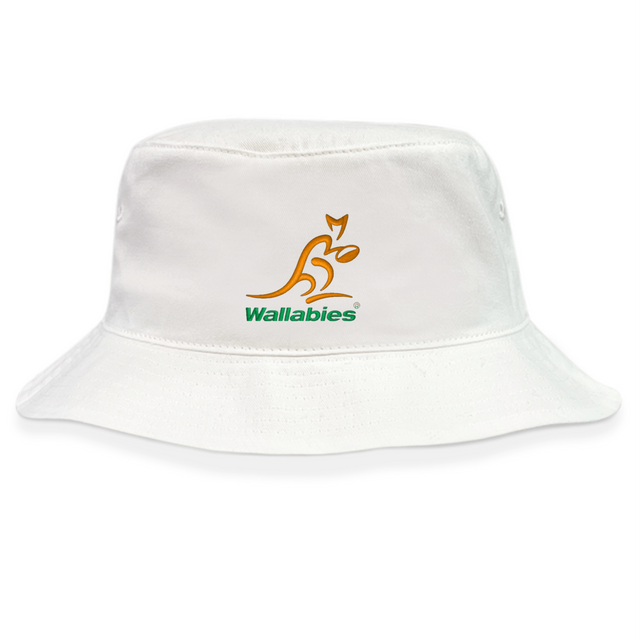 The Wallabies Rugby Crusher Bucket Hat by EMB S&S Activewear is a white cotton twill hat featuring the yellow Wallabies kangaroo logo and "Wallabies" in green on the front—ideal for stylish rugby fans seeking sun protection.