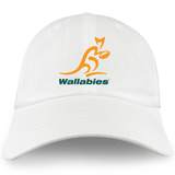 The Wallabies Cotton Twill Dad Cap by EMB S&S Activewear is a white cap with the Wallabies logo in yellow and green on the front, perfect for fans wanting a classic look.