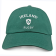 The Nations of Rugby Ireland Dad Cap by EMB S&S Activewear features "IRELAND RUGBY" and a shield with three shamrocks embroidered on green cotton twill—a classic cap perfect for fans and collectors.