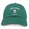 The Nations of Rugby Ireland Dad Cap by EMB S&S Activewear features "IRELAND RUGBY" and a shield with three shamrocks embroidered on green cotton twill—a classic cap perfect for fans and collectors.