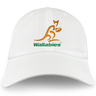 The Wallabies Cotton Twill Dad Cap by EMB S&S Activewear features a gold kangaroo logo and “Wallabies” in green on the front—perfect for Australia rugby fans.