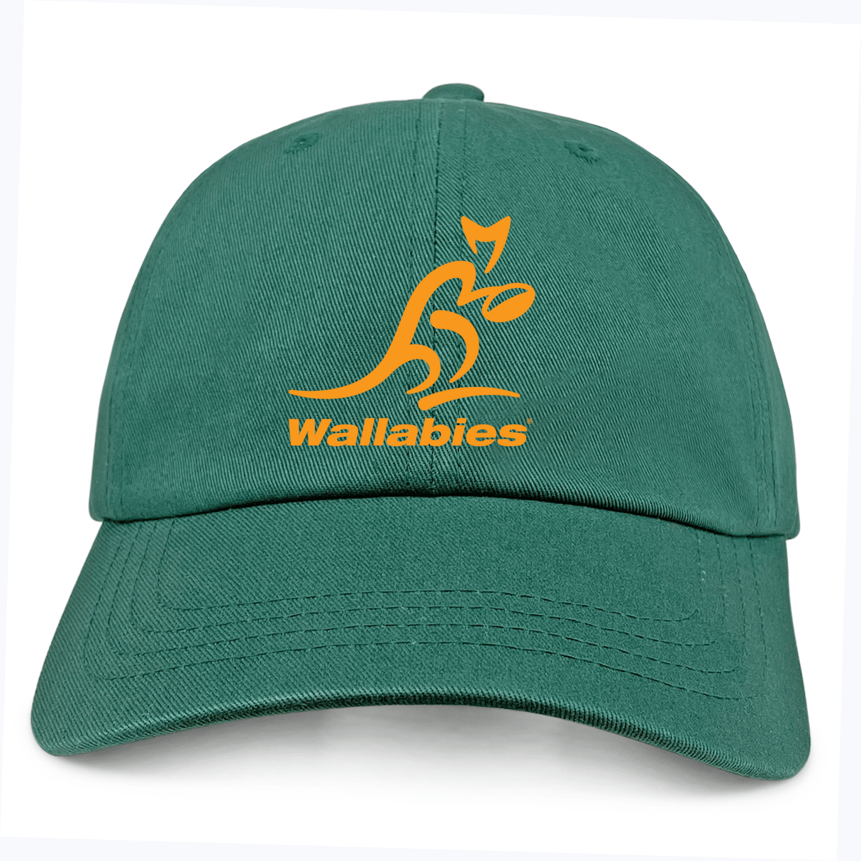 The Wallabies Cotton Twill Dad Cap by EMB S&S Activewear features an orange Wallabies logo and “Wallabies” embroidered on the front—an ideal addition to any Australia rugby cap collection.
