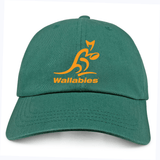 The Wallabies Cotton Twill Dad Cap by EMB S&S Activewear features an orange Wallabies logo and “Wallabies” embroidered on the front—an ideal addition to any Australia rugby cap collection.