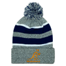 The Wallabies Rugby Hooped Pom-Pom Beanie by WRS Augusta features gray knit with blue and white stripes, a pom-pom top, and an orange Wallabies logo—ideal Australia rugby merch for fans.
