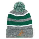 The Wallabies Rugby Hooped Pom-Pom Beanie by WRS Augusta features gray, green, and white stripes with an orange kangaroo logo above "Wallabies"—a must-have for Australia rugby fans.