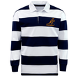The EMB Mudoo Wallabies Hooped Classic Jersey is a navy blue and white striped long-sleeve rugby shirt with a collar, built for fan comfort and featuring a gold Wallabies logo on the left chest.