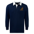 The EMB Mudoo Wallabies Solid Classic Jersey features long sleeves, a white collar and cuffs, and the gold Wallabies logo on navy—blending fan comfort with timeless style.