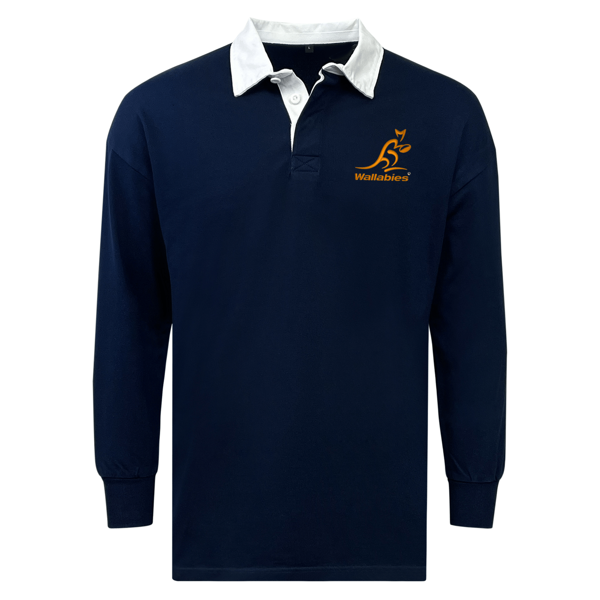 The EMB Mudoo Wallabies Solid Classic Jersey features long sleeves, a white collar and cuffs, and the gold Wallabies logo on navy—blending fan comfort with timeless style.