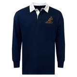 The EMB Mudoo Wallabies Solid Classic Jersey features long sleeves, a white collar and cuffs, and the gold Wallabies logo on navy—blending fan comfort with timeless style.