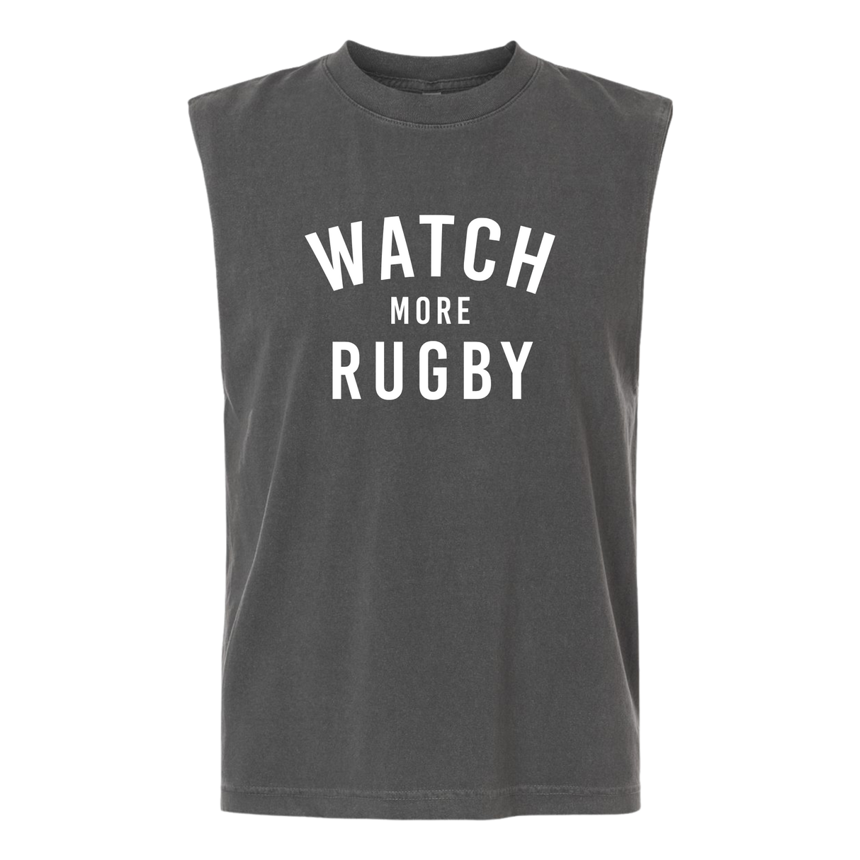 The Watch More Rugby Everyday Muscle Tee by WRS S&S Activewear is a sleeveless black top featuring "WATCH MORE RUGBY" in white text on the front.