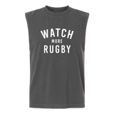 The Watch More Rugby Everyday Muscle Tee by WRS S&S Activewear is a sleeveless black top featuring "WATCH MORE RUGBY" in white text on the front.