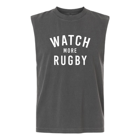 The Watch More Rugby Everyday Muscle Tee by WRS S&S Activewear is a sleeveless black top featuring "WATCH MORE RUGBY" in white text on the front.