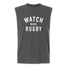 The Watch More Rugby Everyday Muscle Tee by WRS S&S Activewear is a sleeveless black top featuring "WATCH MORE RUGBY" in white text on the front.