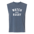 The Watch More Rugby Everyday Muscle Tee by WRS S&S Activewear is a blue-gray unisex tank, featuring a bold "WATCH MORE RUGBY" front print—ideal for fans seeking comfort and sporty style.
