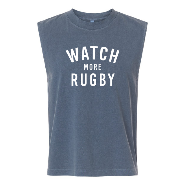 The Watch More Rugby Everyday Muscle Tee by WRS S&S Activewear is a blue-gray unisex tank, featuring a bold "WATCH MORE RUGBY" front print—ideal for fans seeking comfort and sporty style.