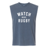 The Watch More Rugby Everyday Muscle Tee by WRS S&S Activewear is a blue-gray unisex tank, featuring a bold "WATCH MORE RUGBY" front print—ideal for fans seeking comfort and sporty style.