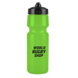 The World Rugby Shop Water Bottle by Springboard Promotions is a bright green, BPA-free bottle with a black lid, featuring "WORLD RUGBY SHOP" in bold black text. Leak-resistant and perfect for rugby fans on the go.