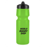 The World Rugby Shop Water Bottle by Springboard Promotions is a bright green, BPA-free bottle with a black lid, featuring "WORLD RUGBY SHOP" in bold black text. Leak-resistant and perfect for rugby fans on the go.