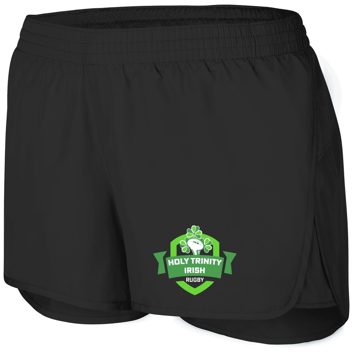 Black Holy Trinity Rugby Women's Wayfarer Gym Shorts featuring a "holy trinity irish rugby" logo with a shamrock on the left leg by WRS Augusta Sportswear.
