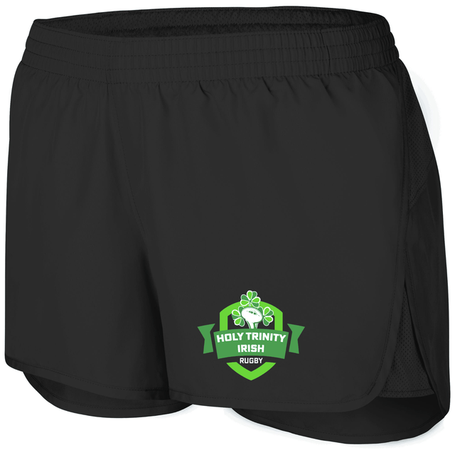 Black Holy Trinity Rugby Women's Wayfarer Gym Shorts featuring a "holy trinity irish rugby" logo with a shamrock on the left leg by WRS Augusta Sportswear.
