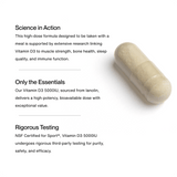 A single beige capsule pill of Momentous Vitamin D3 5000 IU is pictured beside text highlighting its bone strength and immune support benefits, key ingredients, and tested quality from the Momentous brand.