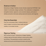 A mound of Momentous Collagen Peptides 10-Travel Packs powder sits beside text highlighting the science, joint health benefits, essential ingredients, and rigorous testing—ideal for convenient collagen support on-the-go against a beige background.