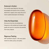 A Momentous Ubiquinol softgel sits next to text emphasizing mitochondrial function support, essential ingredients, and NSF-certified safety and quality from the brand Momentous.