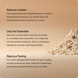 Momentous 100% Plant Protein Powder appears next to text emphasizing scientific research, clean ingredients, NSF Certified for Sport testing, and its complete amino acid profile.