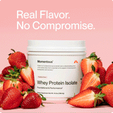 A container of Momentous Whey Protein Isolate - Limited Edition by Momentous is surrounded by fresh strawberries, with "Real Flavor. No Compromise." on a pink backdrop—perfect for tasty post-workout recovery.