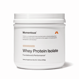 A white container of Momentous Whey Protein Isolate - Limited Edition, chocolate coconut flavor, is a dietary supplement for foundational and performance support, ideal for muscle recovery; net wt. 10.8 oz (306g).