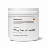 A white container of Momentous Whey Protein Isolate - Limited Edition by Momentous in mint chocolate flavor, this dietary supplement supports muscle recovery and performance.