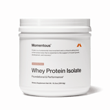 A white container of Momentous Whey Protein Isolate - Limited Edition by Momentous, Spiced Chai flavor, labeled as a premium protein powder supporting muscle recovery and performance.
