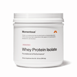 A white container of Momentous Whey Protein Isolate - Limited Edition, a premium protein powder by Momentous for muscle recovery in strawberry flavor, featuring product details and branding on the label.