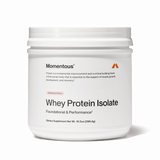 A white container of Momentous Whey Protein Isolate - Limited Edition, a premium protein powder by Momentous for muscle recovery in strawberry flavor, featuring product details and branding on the label.