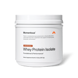 A white container of Momentous Whey Protein Isolate - Limited Edition by Momentous, Pure Cinnamon flavor, dietary supplement (10.6 oz/301.2g), delivers high-quality protein powder for muscle recovery.