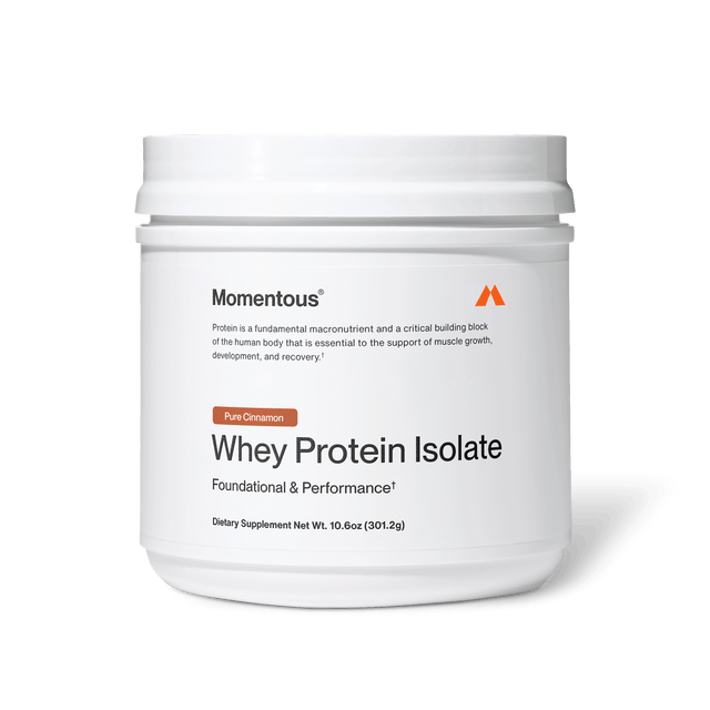 A white container of Momentous Whey Protein Isolate - Limited Edition by Momentous, Pure Cinnamon flavor, dietary supplement (10.6 oz/301.2g), delivers high-quality protein powder for muscle recovery.