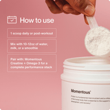 A hand scoops Momentous Whey Protein Isolate - Limited Edition from a Momentous container against a pink background, with usage instructions shown next to the protein powder.