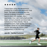 A customer review highlighting muscle recovery benefits of Momentous Whey Protein Isolate - Limited Edition is overlaid on an image of a man running outdoors on a track under a cloudy sky.